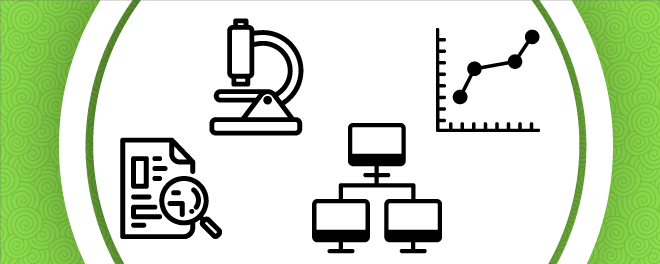 green border, black icons on white background showing a microscope, computers, chart, and document with magnifying glass